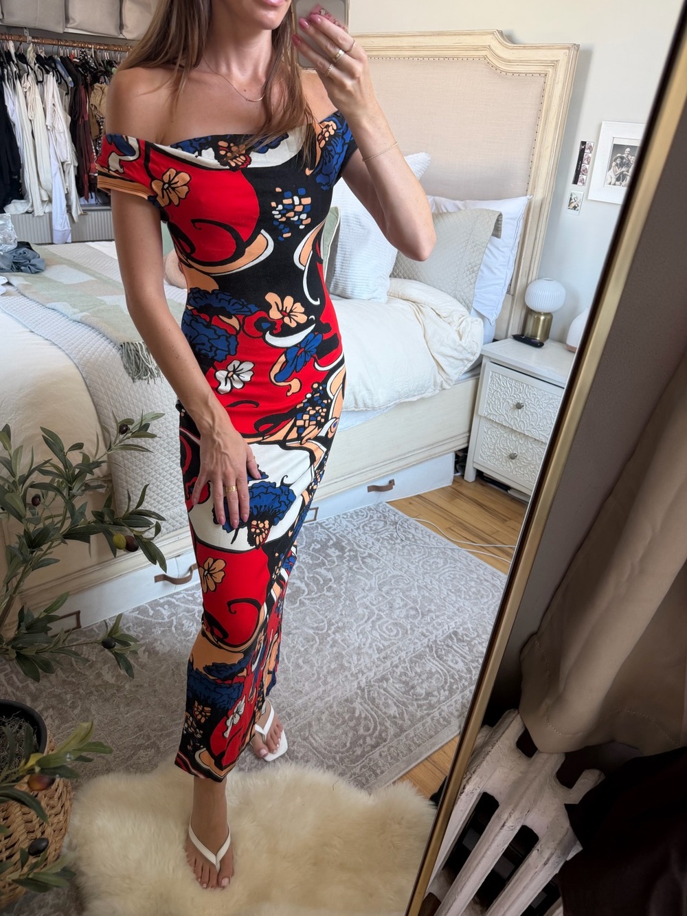 Staud Off-Shoulder Floral Print Maxi Dress — Red